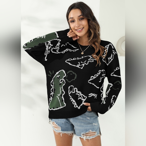 Knit Dinosaur Print Round Neck Long Sleeve Oversized Fun Pullover Sweater Shirt - Picture 6 of 9